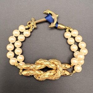 Vintage Kiel James Patrick‎ Anchor Sailor's Knot Double Faux Pearl Bracelet 7.5"